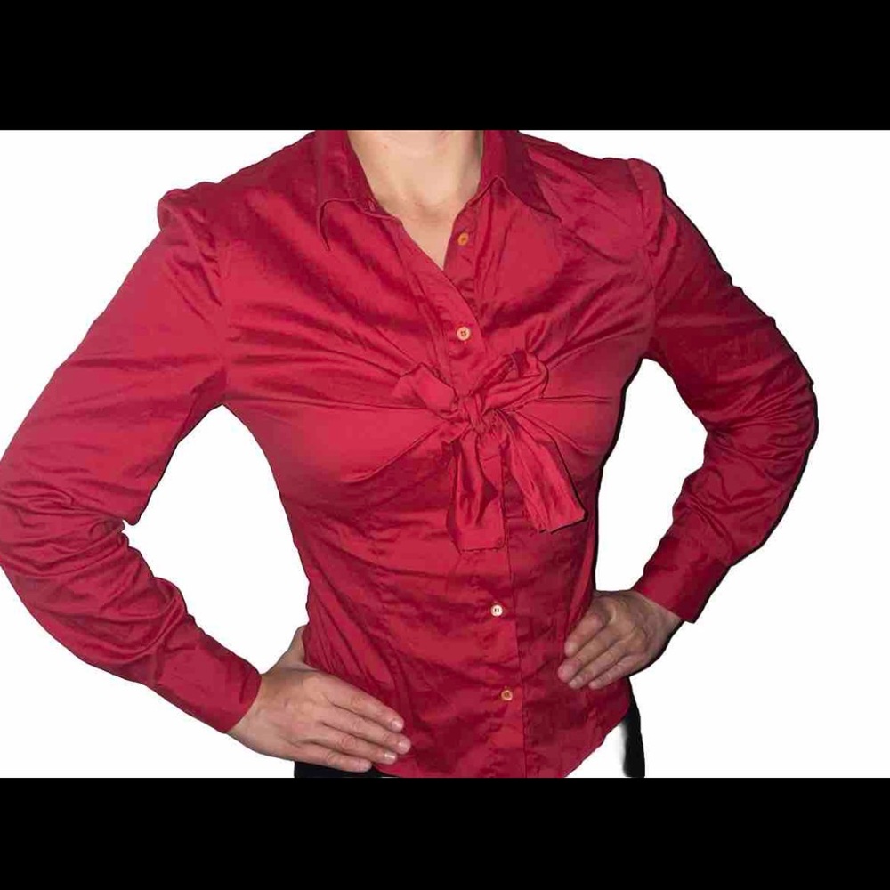 Women’s Rare PRADA Size 42 Red Button Up Bow-tie Blouse! WORN ONCE!😍❤️